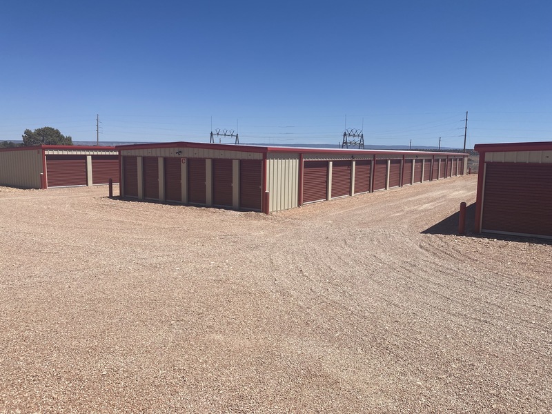 A far away shot of a grouping of storage units.